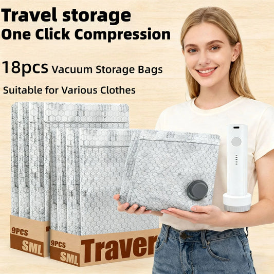 Travel Vacuum Seal Bags for Clothing W/Portable Electric Pump, 9-Pack Space Saver Compression Bags for Clothes, Luggage&Suitcase