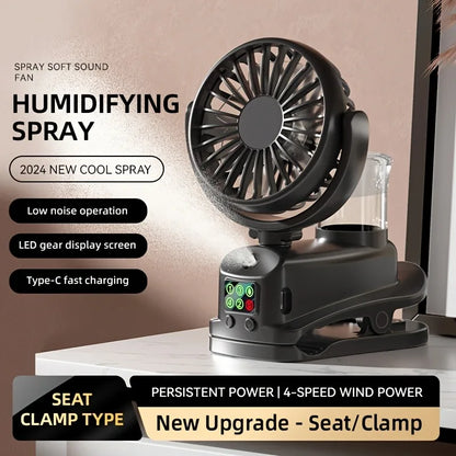 USB Rechargeable Mini Clip Spray Fan 4‑Speed Adjustable 1200mAh Handheld Humidifying Mist Fan  for Dorm Home Travel desktop