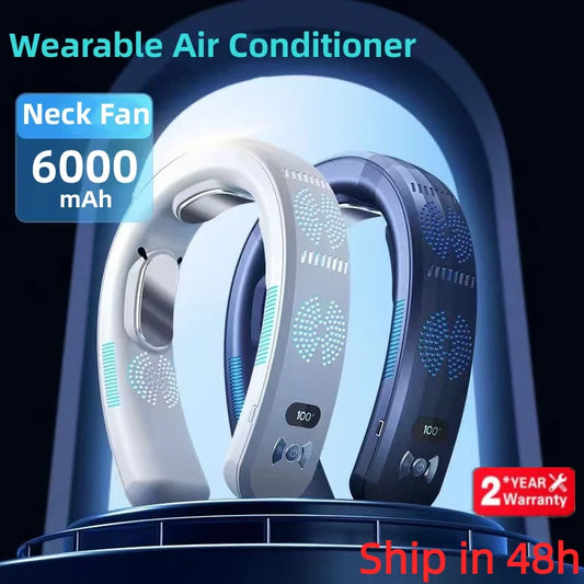 Portable Neck Fan Mini Air Conditioner Cooler Bladeless Fan 6000/10000mAh USB Rechargeable Hanging Cooling Heating Wearable Fans